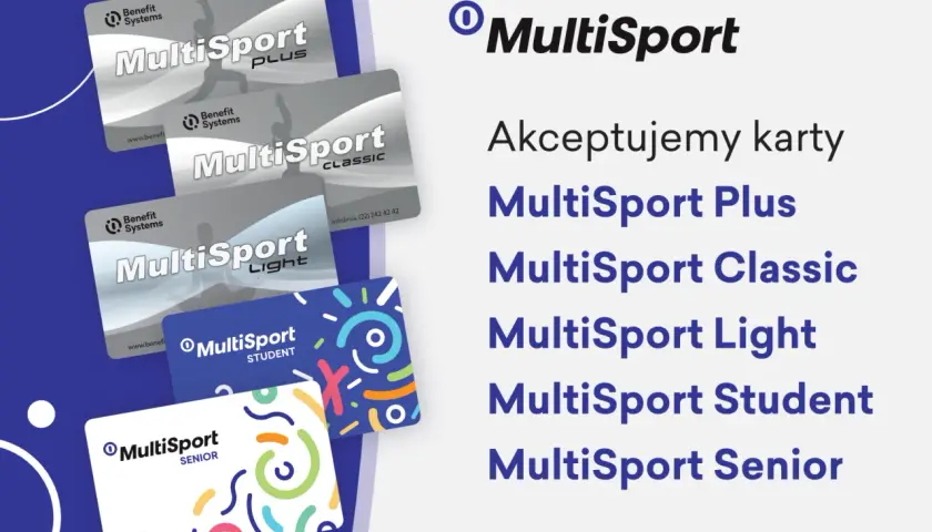 Karty MultiSport Plus, Classic, Light, Student i Senior na jasnym tle.