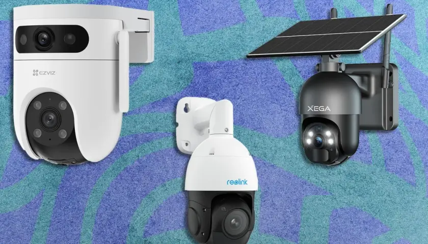 Trois caméras de surveillance modernes, une blanche EZVIZ, une noire Xega avec panneau solaire, et une Reolink, prêtes pour une installation sécurisée.