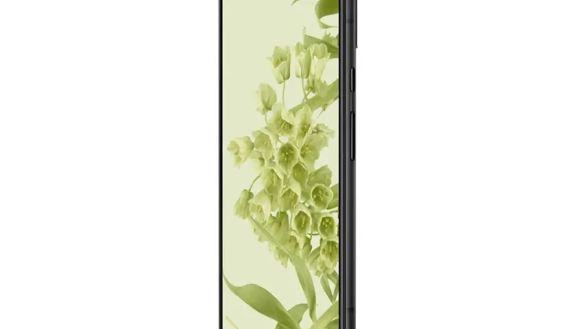 Smartfon Pixel 6 w czarnej obudowie, z tapetą w kwiaty. Poznaj jego wymiary.