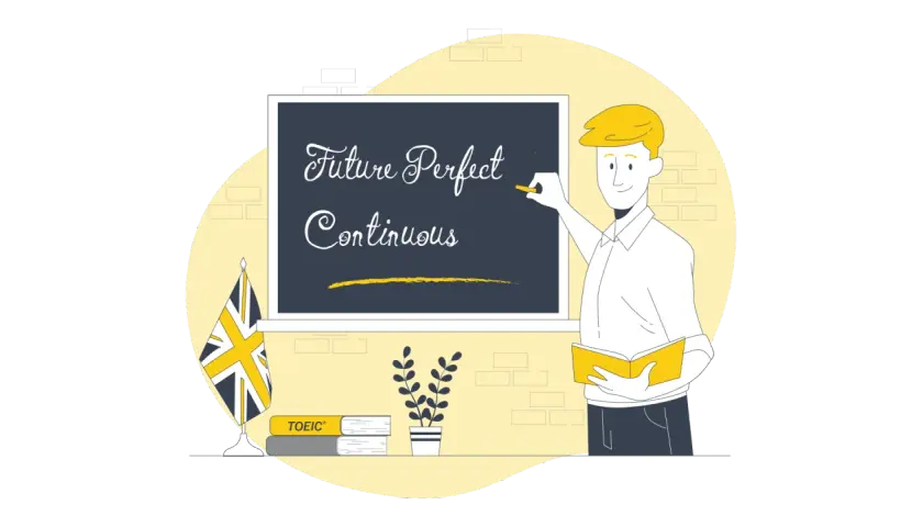 Un insegnante scrive "Future Perfect Continuous" alla lavagna, pronto a spiegare questo tempo verbale.
