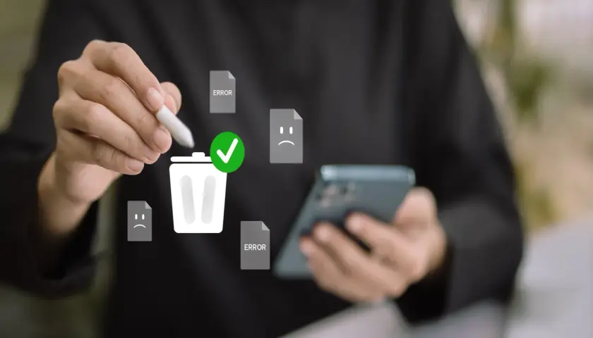 Ręka z rysikiem usuwa błędy i nieudane pliki, symbolizując czyszczenie telefonu.