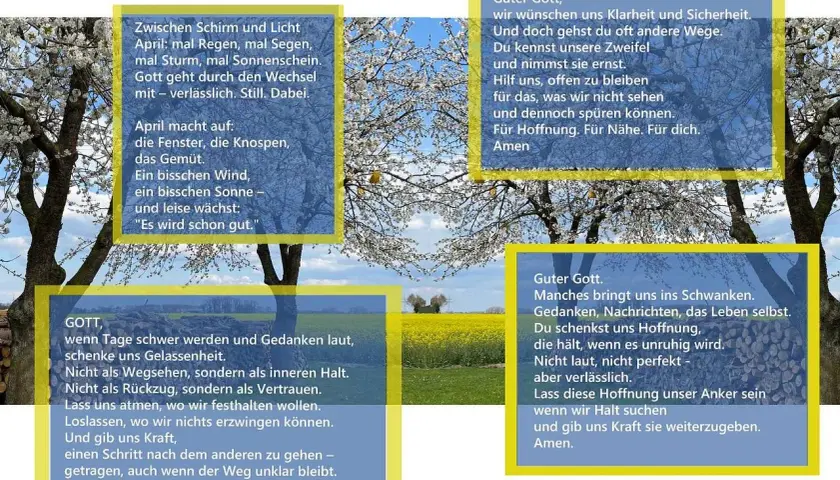 Blühende Bäume im April, dazu Texte über Hoffnung und Vertrauen. Ein evangelischer Text zum Thema evangelisch fasten.