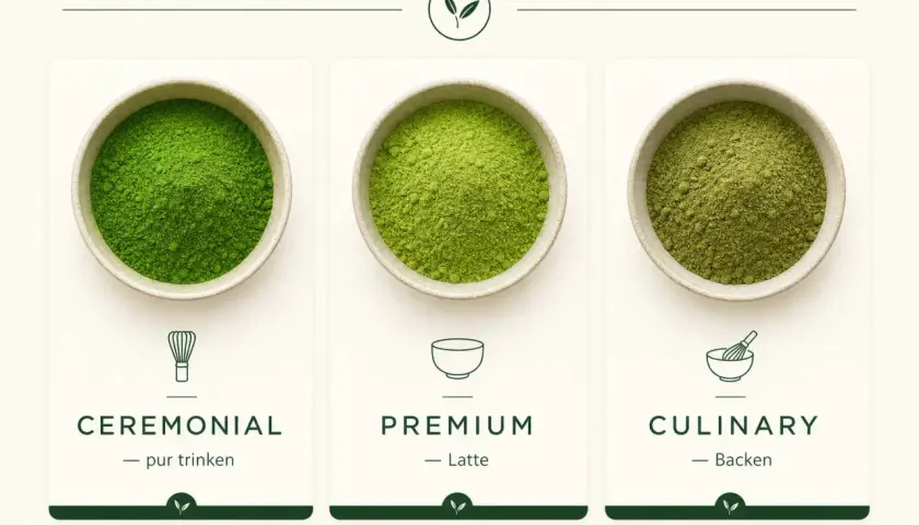 Drei Schalen mit verschiedenen matcha sorten: Ceremonial, Premium und Culinary.