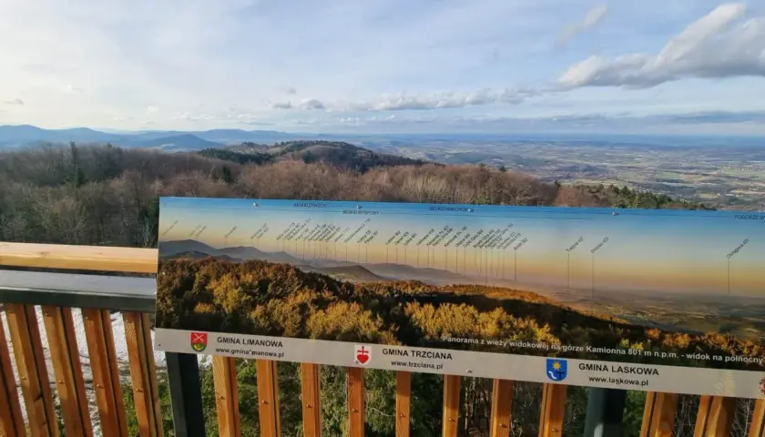 Widok z kamionnej wieży widokowej na Beskidy. Na pierwszym planie tablica z opisem panoramy górskiej.