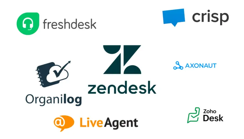 Logos de solutions de ticket informatique : Freshdesk, Crisp, Zendesk, Organilog, LiveAgent, Axonut, Zoho Desk.