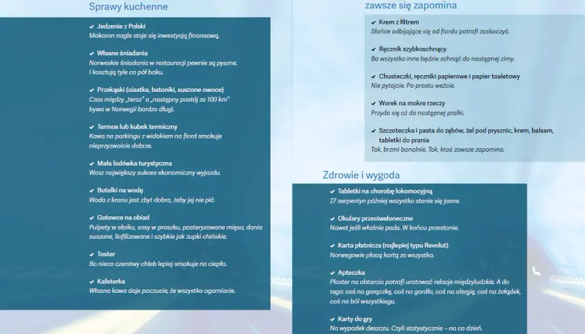 Lista rzeczy, co zabrać do Norwegii: jedzenie, termos, lodówka turystyczna, krem z filtrem, ręcznik, apteczka, karty do gry.