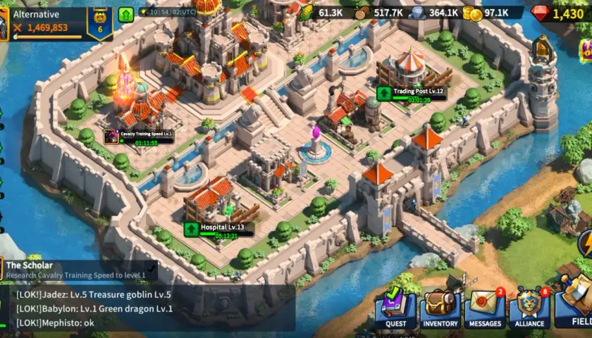Wirtualne królestwo w grze League of Kingdoms. Widok z lotu ptaka na miasto z murami, budynkami i rzeką.