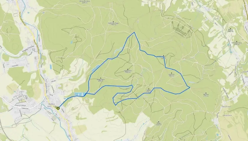 Mapa turystyczna z zaznaczoną trasą. Gdzie są Góry Sowie? Widoczne szczyty: Jaworek (781 m), Jagodziniec (702 m), Moszna (771 m).