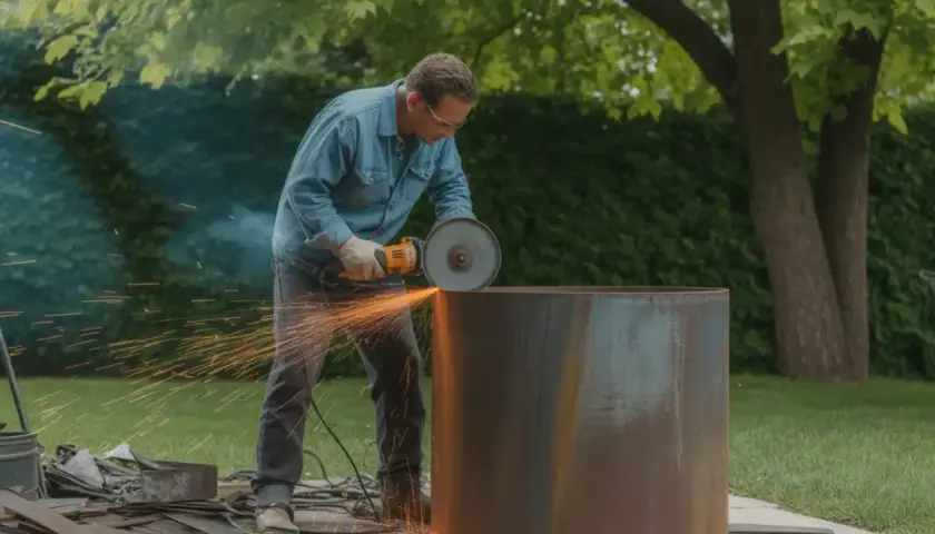 Un homme utilise une meuleuse pour façonner un grand cylindre en métal, peut-être pour un brasero. Des étincelles jaillissent, rappelant une bétonnière en action.
