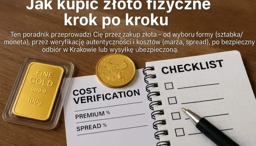 Jak inwestować w złoto? Poradnik krok po kroku: sztabka, moneta, weryfikacja, koszty, odbiór lub wysyłka.