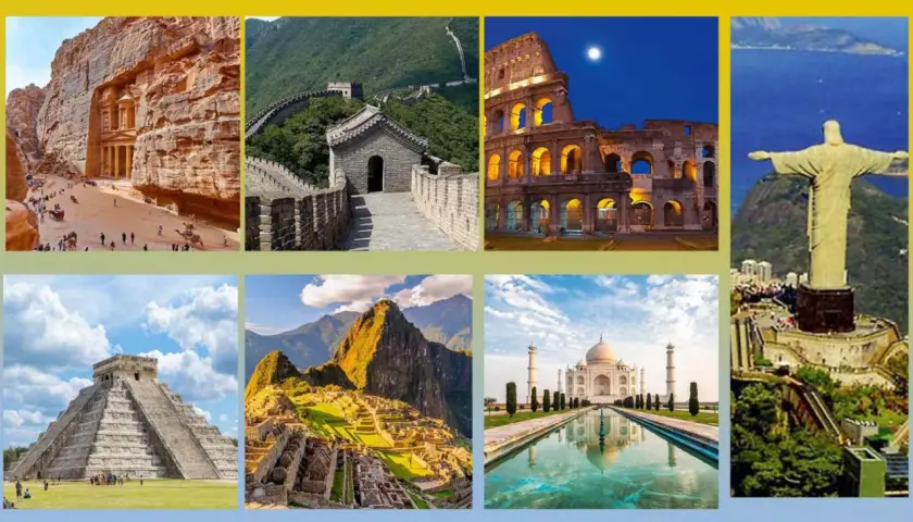 Le immagini mostrano quali sono le sette meraviglie del mondo: Petra, Grande Muraglia, Colosseo, Cristo Redentore, Chichen Itza, Machu Picchu, Taj Mahal.