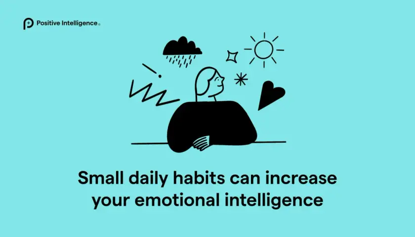 Illustration of a person with a calm expression, surrounded by symbols of challenges (rain cloud, lightning) and positivity (sun, heart). This visual represents how positive psychology techniques can build emotional intelligence.