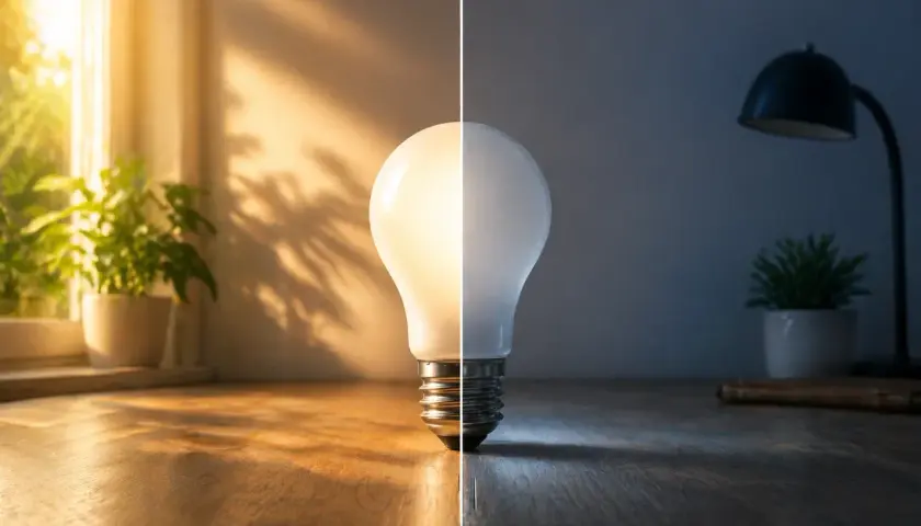 Bombilla dividida: luz cálida del sol y luz fría de lámpara. La bombilla muestra la transición de lux a lumenes, con plantas y sombras.
