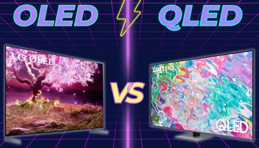 Porównanie telewizorów: po lewej LG OLED z kwitnącym drzewem, po prawej Samsung QLED z abstrakcyjnym obrazem. Który wybrać: OLED czy QLED?