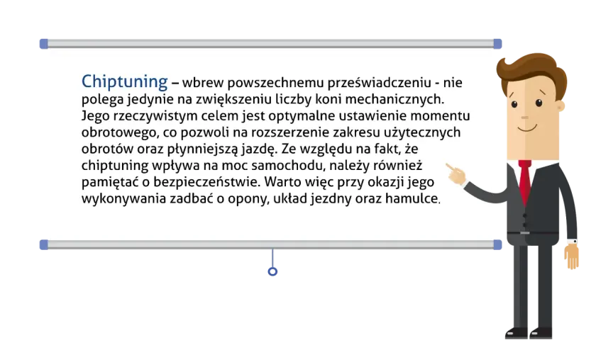 Ilustracja mężczyzny w garniturze wskazującego na tekst o chip tuningu.