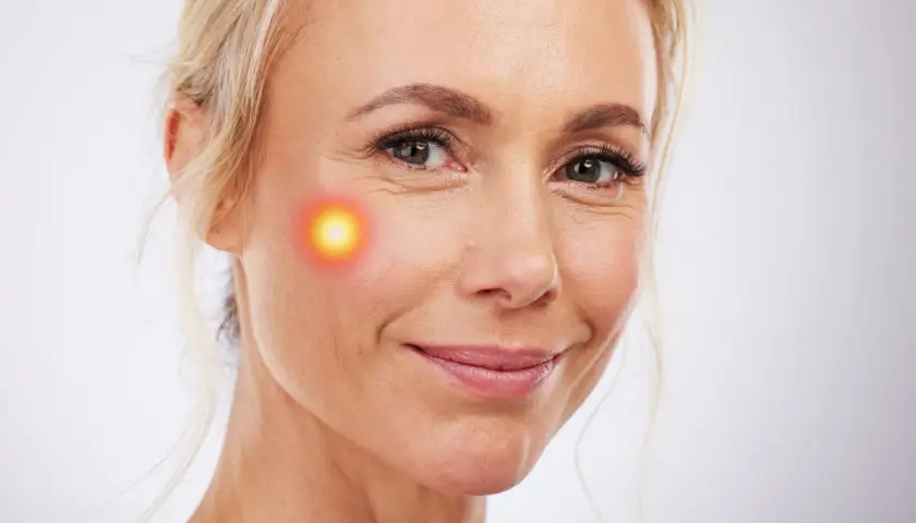 Mujer sonríe con un punto de luz roja en la mejilla, sugiriendo un tratamiento como Endolift. Consulta el endolift precio.