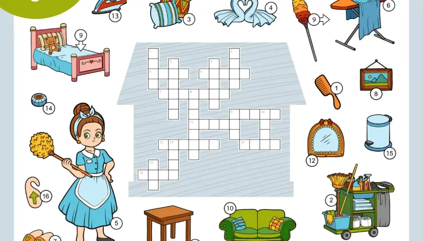 Ilustracja przedstawia różne meble po angielsku, takie jak łóżko, sofa, stół, a także akcesoria do sprzątania i inne przedmioty domowe.