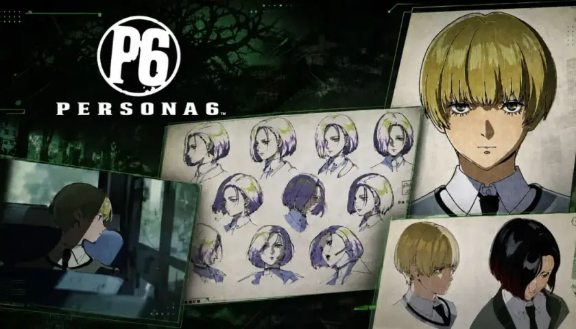 Logo Persona 6 i szkice postaci, w tym zbliżenie na twarz z blond włosami i kilka wariantów fryzur.