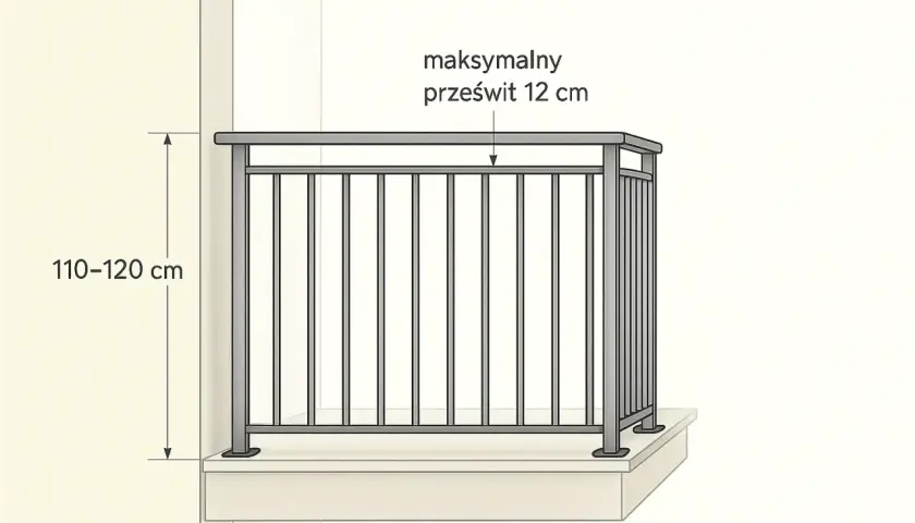 Wysokość balustrady balkonowej 110-120 cm, maksymalny prześwit 12 cm.