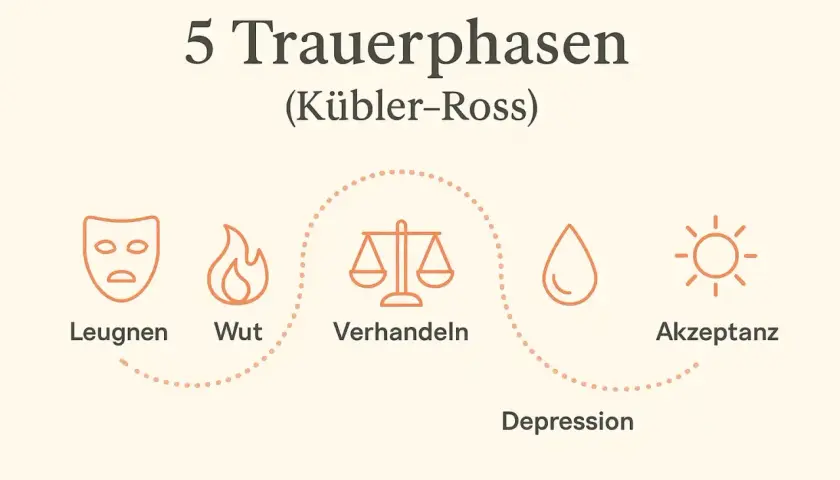 Die 5 Trauerphasen nach Kübler-Ross: Leugnen, Wut, Verhandeln, Depression, Akzeptanz. Ein Weg nach dem Tod des Ehemanns.
