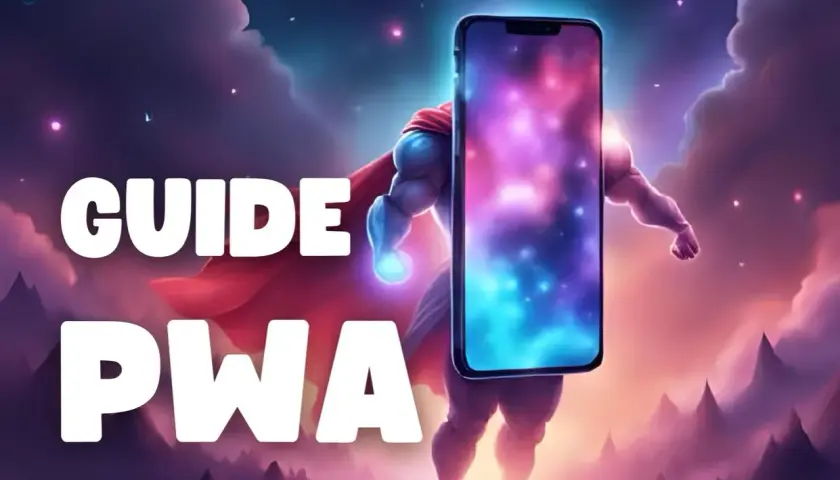 Guide PWA Android : un super-héros cosmique tient un smartphone, prêt à conquérir le monde du web mobile.