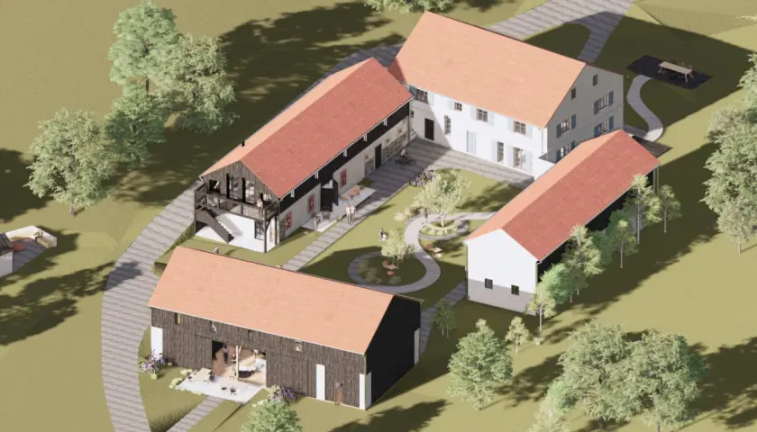 Wizualizacja projektu agroturystyki: kompleks budynków z czerwonymi dachami, dziedziniec z drzewami, ławkami i ścieżkami, otoczony zielenią.