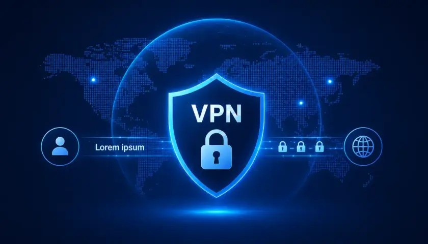 Tarcza z napisem VPN i kłódką symbolizuje bezpieczne szyfrowanie vpn. Mapa świata w tle podkreśla globalny zasięg.