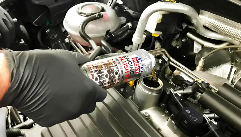 Mano enguantada vierte Liqui Moly Engine Flush para solucionar problemas de aceite.