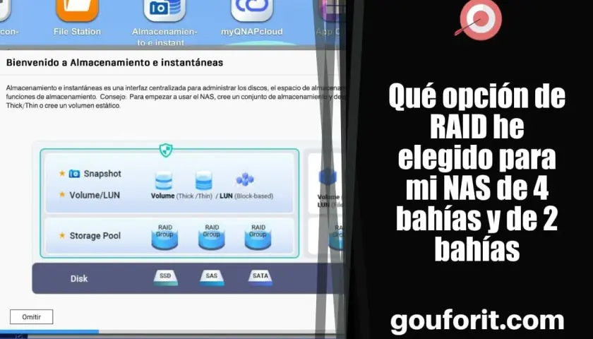 Interfaz de gestión de almacenamiento NAS, mostrando opciones de RAID. El texto pregunta: "Qué opción de RAID he elegido para mi NAS de 4 bahías y de 2 bahías".