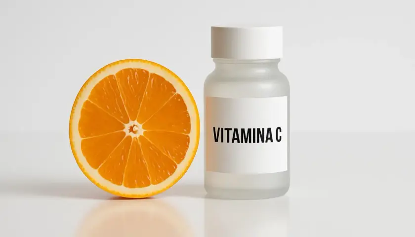 Mezza arancia succosa accanto a un flacone etichettato "VITAMINA C". Ideale per assumere vitamina c 1000 mg al giorno.