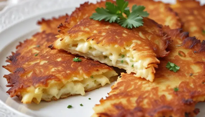 Frittelle di patate dorate e croccanti, un piatto tipico udinese, ripiene di formaggio filante e guarnite con prezzemolo fresco.