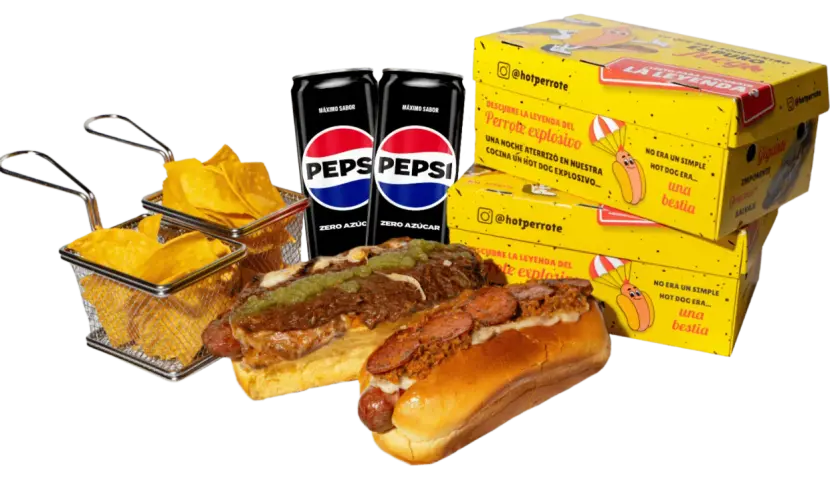 Dos perritos calientes gourmet con patatas y Pepsi Zero. ¡Una explosión de sabor!