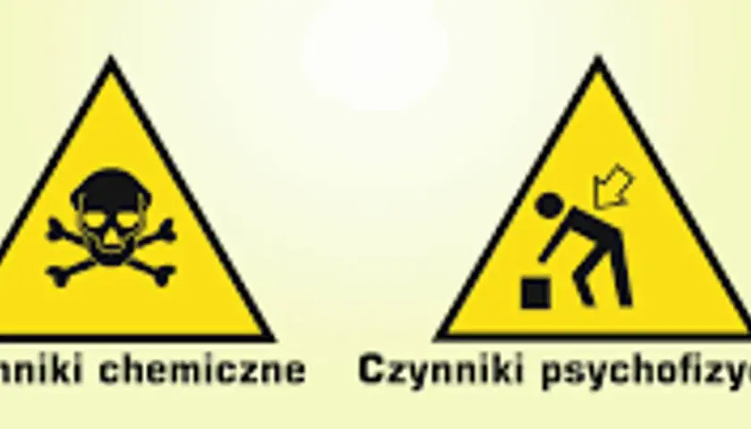 Dwa żółte trójkąty ostrzegawcze: jeden z symbolem czaszki i skrzyżowanych kości (czynniki chemiczne), drugi z sylwetką człowieka podnoszącego ciężar (czynniki psychofizyczne).
