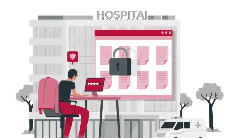 Secure hospital data with thin clients for government. A person logs into a system displaying locked files, with an ambulance outside.