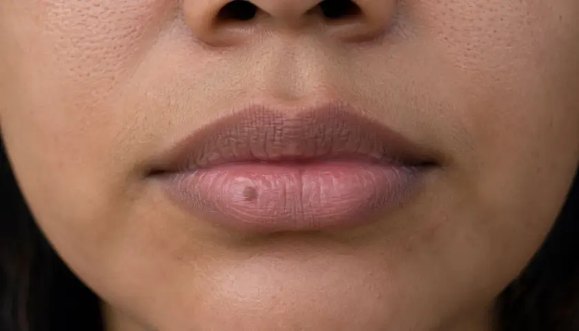 Un pequeño lunar en el labio inferior, como si hubiera aparecido de repente.