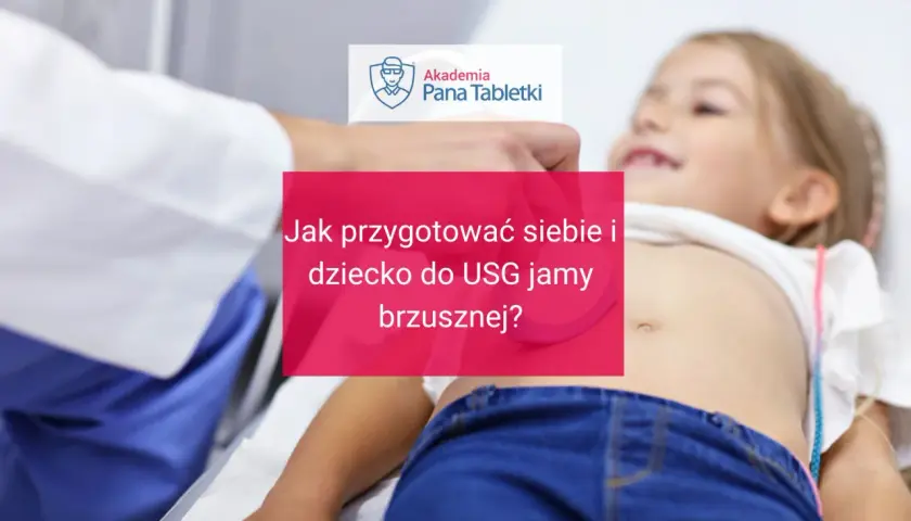 Lekarz wykonuje usg brzucha dziecka. Na ekranie widoczny jest brzuch dziewczynki, a lekarz przykłada sondę do badania.