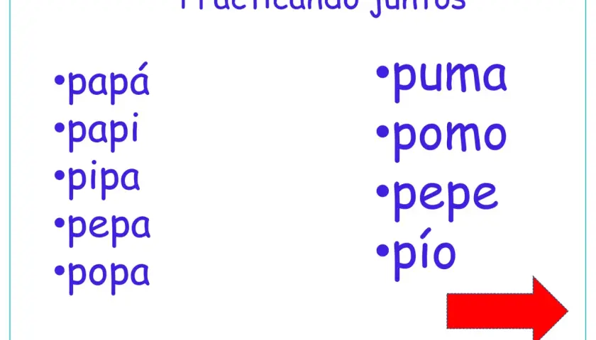 Lista de palabras con la p: papá, papi, pipa, pepa, popa, puma, pomo, pepe, pío. ¡Practicando juntos!