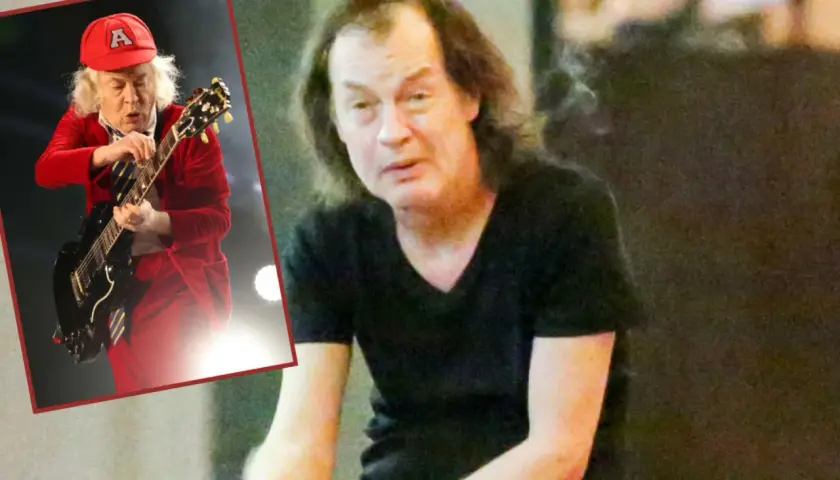 Angus Young, legendarny gitarzysta AC/DC, w czerwonym stroju i z gitarą. Obok jego zdjęcie z bliska.