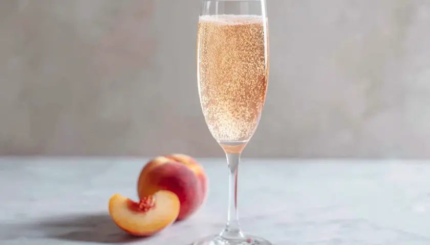 Ett glas bubblig Bellini drink med persika bredvid.
