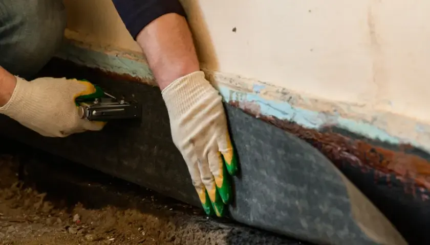 Hände mit Handschuhen befestigen eine schwarze Folie an einer Wand. Dies ist eine vertikalsperre von innen, um Feuchtigkeit fernzuhalten.