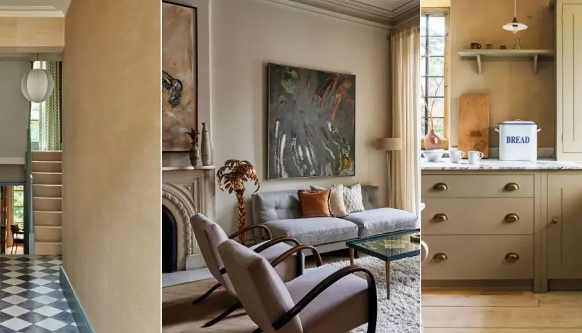 A triptych showcasing neutral interior design: a checkered entryway, a living room with a grey sofa and abstract art, and a kitchen with sage green cabinets.