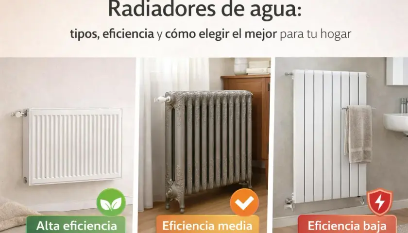 Tres radiadores de calefacción: uno blanco moderno de alta eficiencia, uno gris clásico de eficiencia media y uno blanco vertical de baja eficiencia.