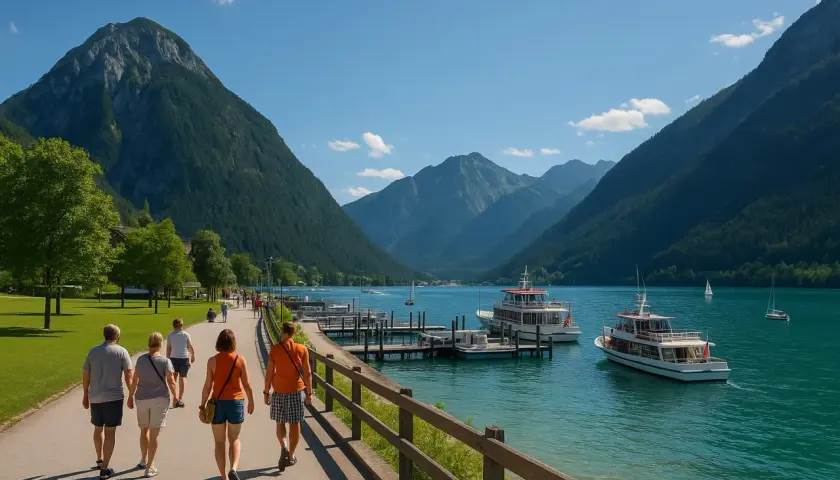 Spacerem brzegiem jeziora Achensee, podziwiając góry i cumujące statki.