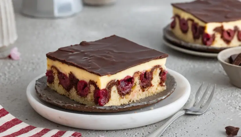 Ein Stück saftiger Kirsch-Schoko-Blechkuchen mit zarter Vanillecreme und Schokoladenglasur. Perfekt für leckere Blechkuchen Rezepte.