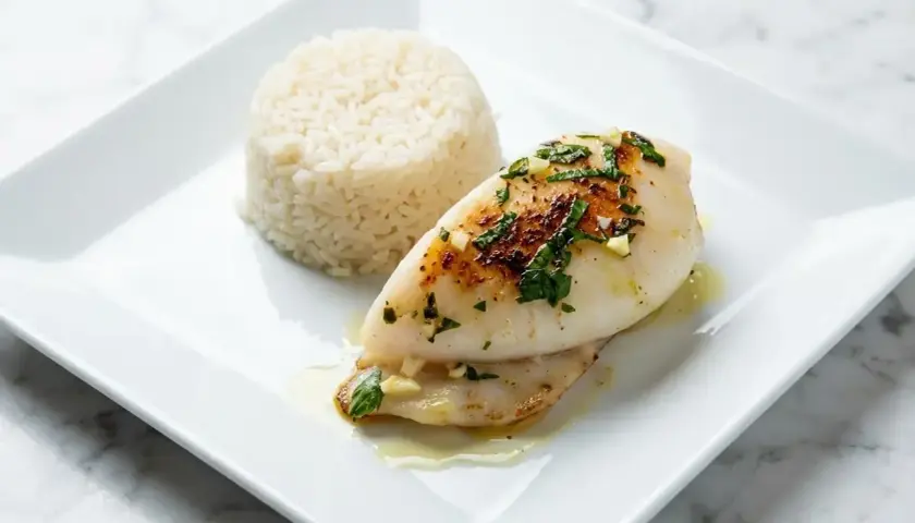 Délicieuse seiche à la plancha, servie avec du riz blanc et garnie d'herbes fraîches et d'ail.