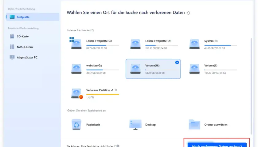 EaseUS Data Recovery Wizard zeigt interne Laufwerke an. Eine "Verlorene Partition" ist sichtbar, was auf eine nicht initialisierte Festplatte hindeuten könnte.