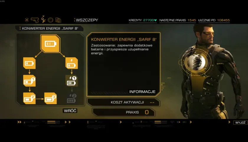 Adam Jensen w Deus Ex: Bunt Ludzkości ulepsza swój pancerz, by zyskać dodatkowe baterie i przyspieszyć regenerację energii.