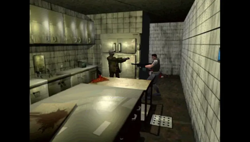 Mroczny korytarz, zombiak i uzbrojony bohater. Klasyczny survival horror.