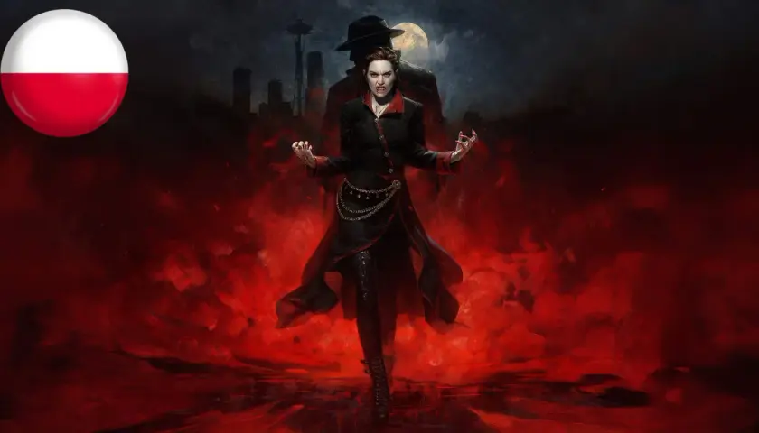 Wampirzyca z kłami na tle miasta i księżyca. Polska flaga. Vampire the Masquerade Bloodlines spolszczenie.