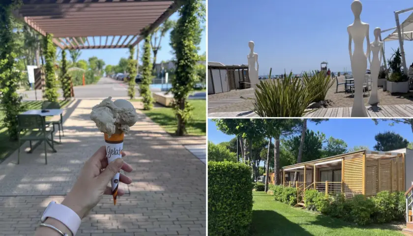 Lody w wafelku na tle alejek i zieleni. Widok na plażę z rzeźbami i domki kempingowe. Idealne wakacje na marina di venezia camping.